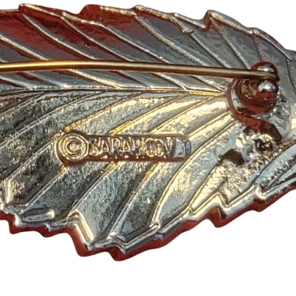 Sarah Coventry Two-Tone leaf brooch 60s silvertone Goldtone Crystals Fall Autumn